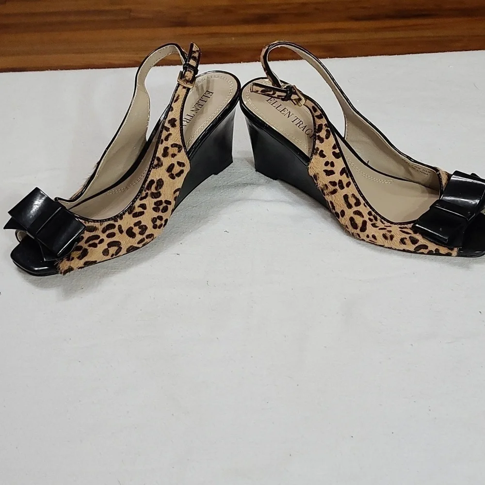 Ellen Tracy Womens Slingback Wedge Shoes Cheetah Print Cow Hair Blk Bow Sz 6 GUC